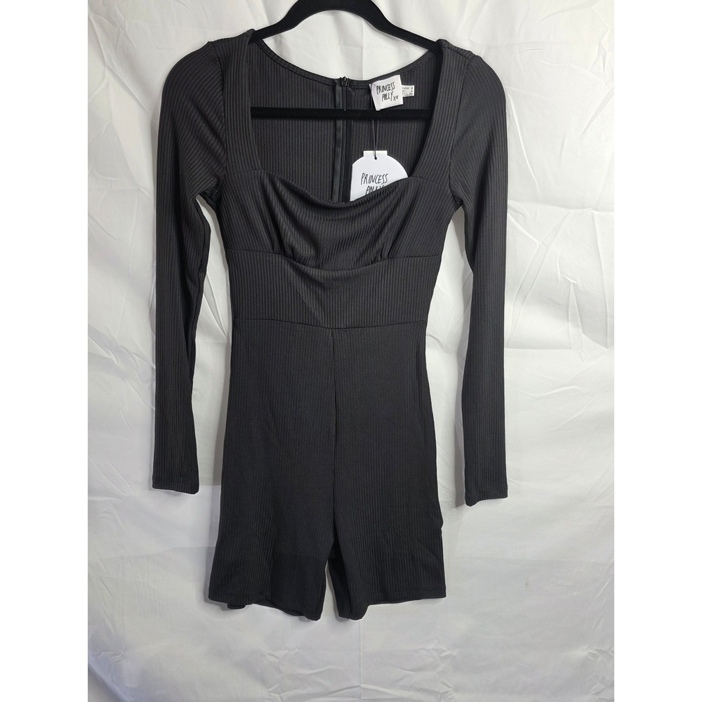 Princess Polly Black Ribbed Long Sleeve Romper Square Neck Cowl Bust Size 4 NWT - Picture 1 of 9